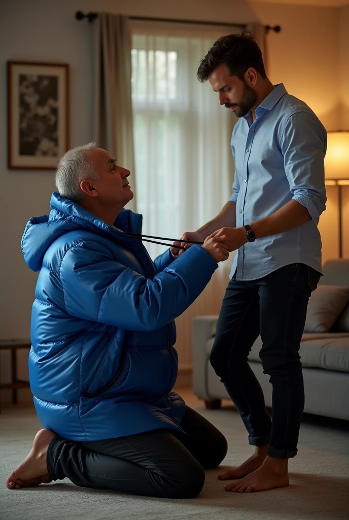 Create a hyper-realistic, males gay man BDSM image, high-resolution image showing two extremely handsome brightly lit living room. The wonderful and seductive uncle, aged 42, with short hair beginning to show signs of balding, is wearing dark pants and an open, *extremely shiny blue nylon puffer jacket* that exposes his slightly hairy chest and slightly prominent belly. He is kneeling on the floor, *wearing a collar around his neck*, being pulled by his gorgeous dominnering nephew, a 26 yo man with a naturally attractive physique, dressed in a formal shirt and casual pants, stands next to his wonderful submissive uncle. (((The *nephew pulls the collar with a confident and authoritative expression*, while the uncle, *kneeling*, looks up with a submissive expression))). The living room is natural high iluminate, with normal, comfortable decor that enhances the realism of the scene. The image should capture every detail with precision, emphasizing the interaction and contrast of roles between the two men with natural high ilumination highliging the realistic males man. High resolution, Super detail, Best quality, Anatomically correct, Accurate.