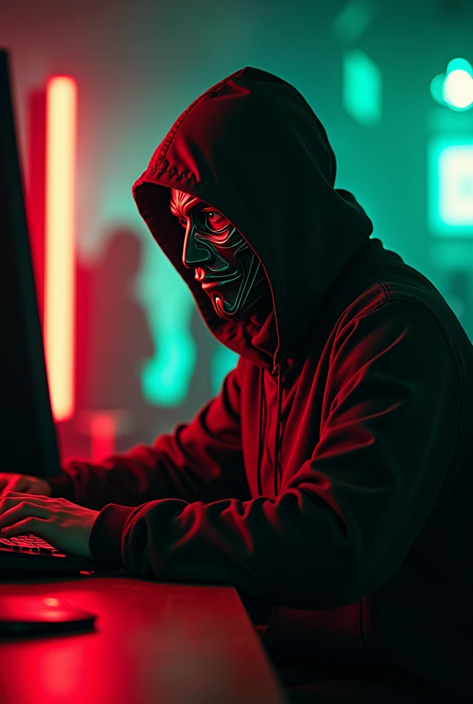 Hacker with their computer doing hacking with red and green colour and mask.
