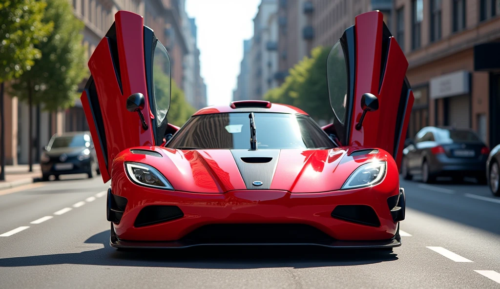beautiful red car Koenigsegg CCXR Trevita on city road, I want to see it in full view, Open doors