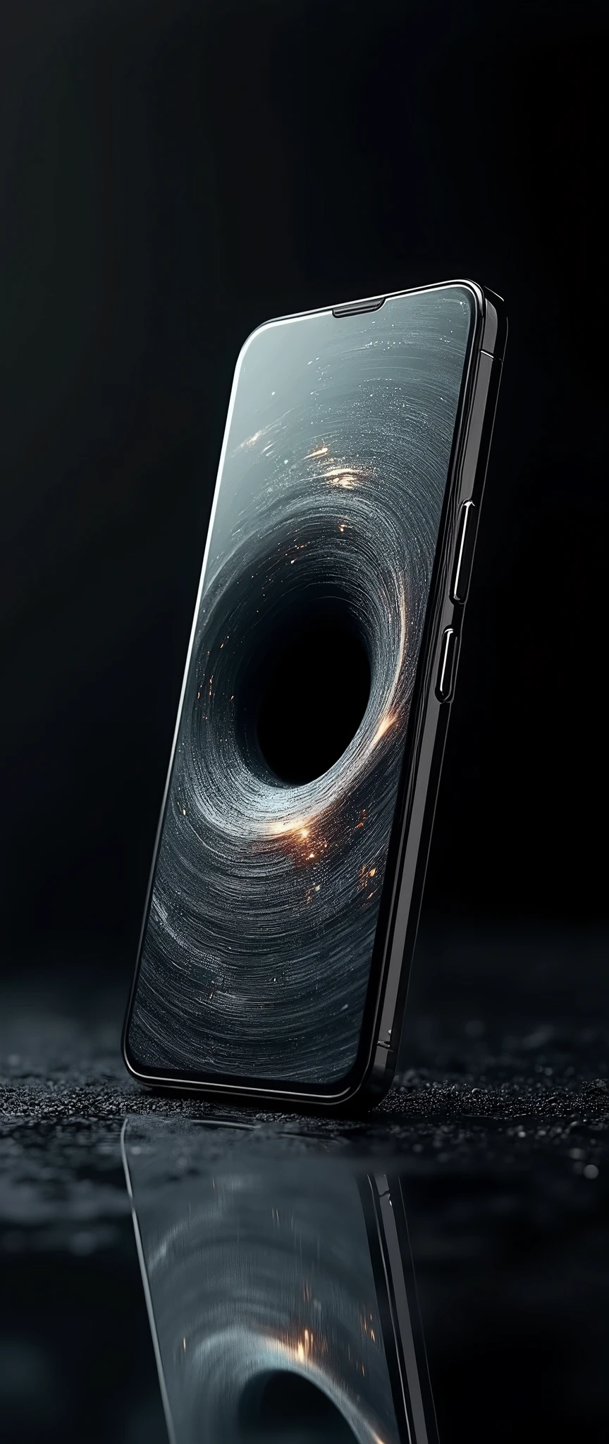(masterpiece:1.2,Exceptional Quality,mirror-like,Cinematic Experience,Photorealistic:2.0,RAW Photos:2.0),8k,wallpaper,(A black hole appears on a smartphone screen:2.0),(Smartphone advertising image),(Smartphone propped up at an angle:2.0),(Black background:Mirrored Room 2.0)