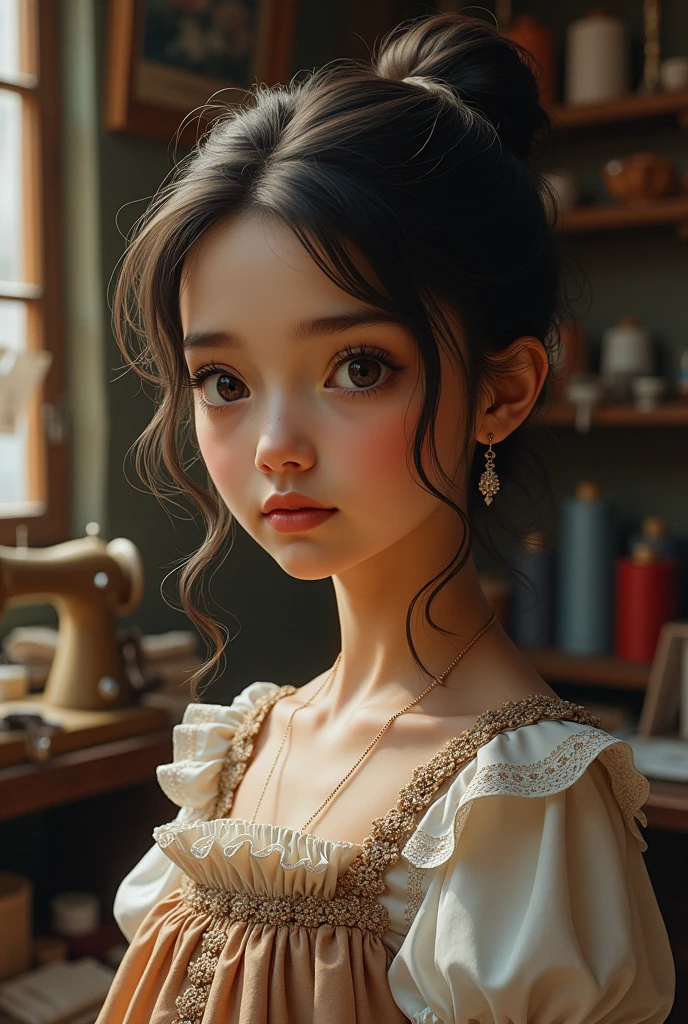 a girl portrait at  Tailor's Shop, detailed intricate,   krface,  