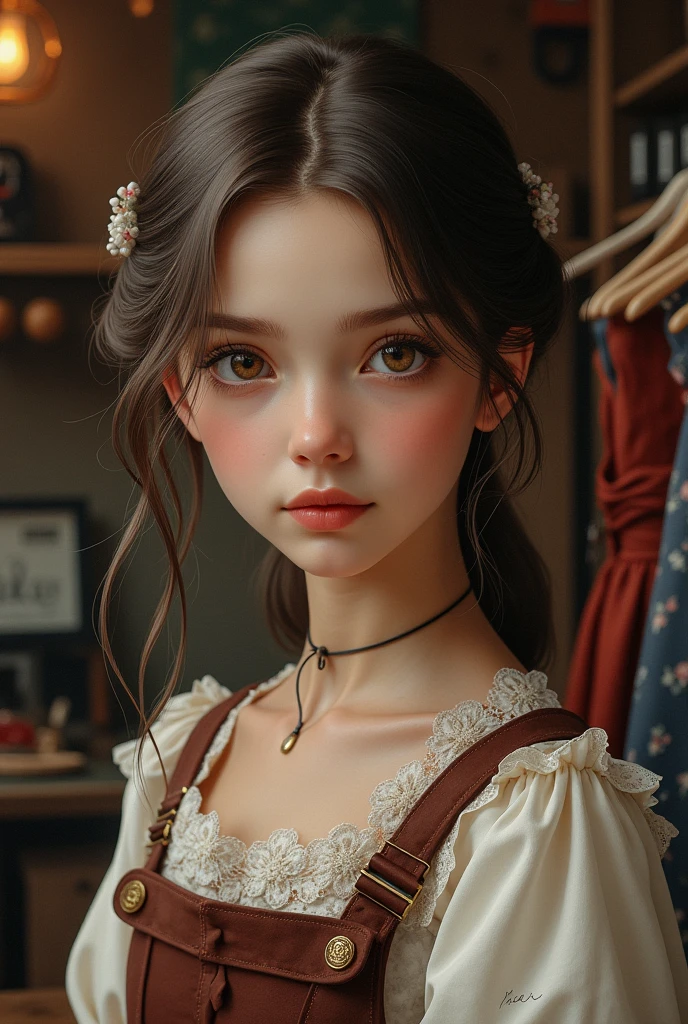 a girl portrait at Tailor's Shop, detailed intricate, krface,
