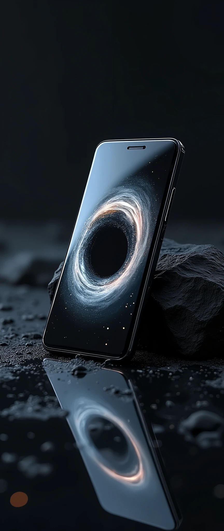 (masterpiece:1.2,Exceptional Quality,mirror-like,Cinematic Experience,Photorealistic:2.0,RAW Photos:2.0),8k,wallpaper,(A black hole appears on a smartphone screen:2.0),(Smartphone advertising image),(Smartphone propped up at an angle:2.0),(Black background:Mirrored Room 2.0)