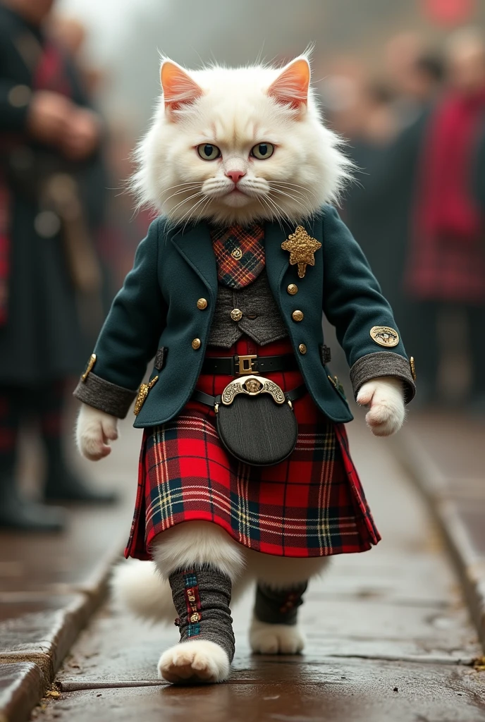 A cute white sturdy British Shorthair cat dressed in a traditional Scottish kilt, with a tartan pattern, sporran, and a tailored jacket. The cat strides down the ramp on two legs, holding its head high as it displays the cultural attire.