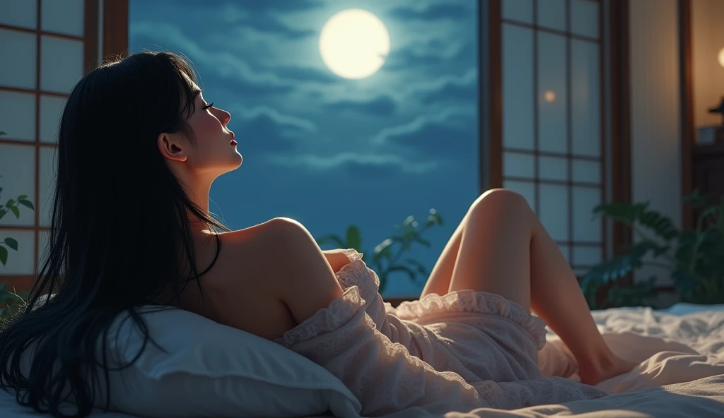 The back view of a beautiful woman in her 40s lying down in a Japanese yukata、Fair skin、An almost see-through white yukata、On the tatami、Japanese-style room at night、blush、Half-open eyes、Half-open mouth、Long black hair、