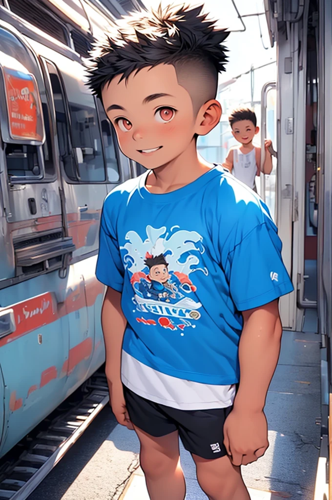 (Shota:1.5),(((Highest quality))),(((masterpiece))),(((Very detailed))),(((High resolution))),One person,Short sleeveTshirt,Short shorts,White socks,Blue sneakers,Cheerful boy,Japanese,Buzz Cut,(((Spiked Hair))),Black Hair,(Point pupils),Skinny body,,smile