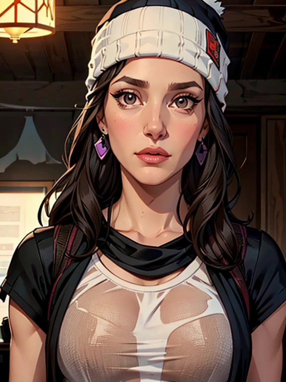 1girl, solo, long hair, black hair, written clothes, brown eyes, looking at the viewer, beanie, lips, upper body, closed mouth, shirt, earrings, https://i.postimg.cc/tCDfNDvp/Screenshot-20230606-212445.png