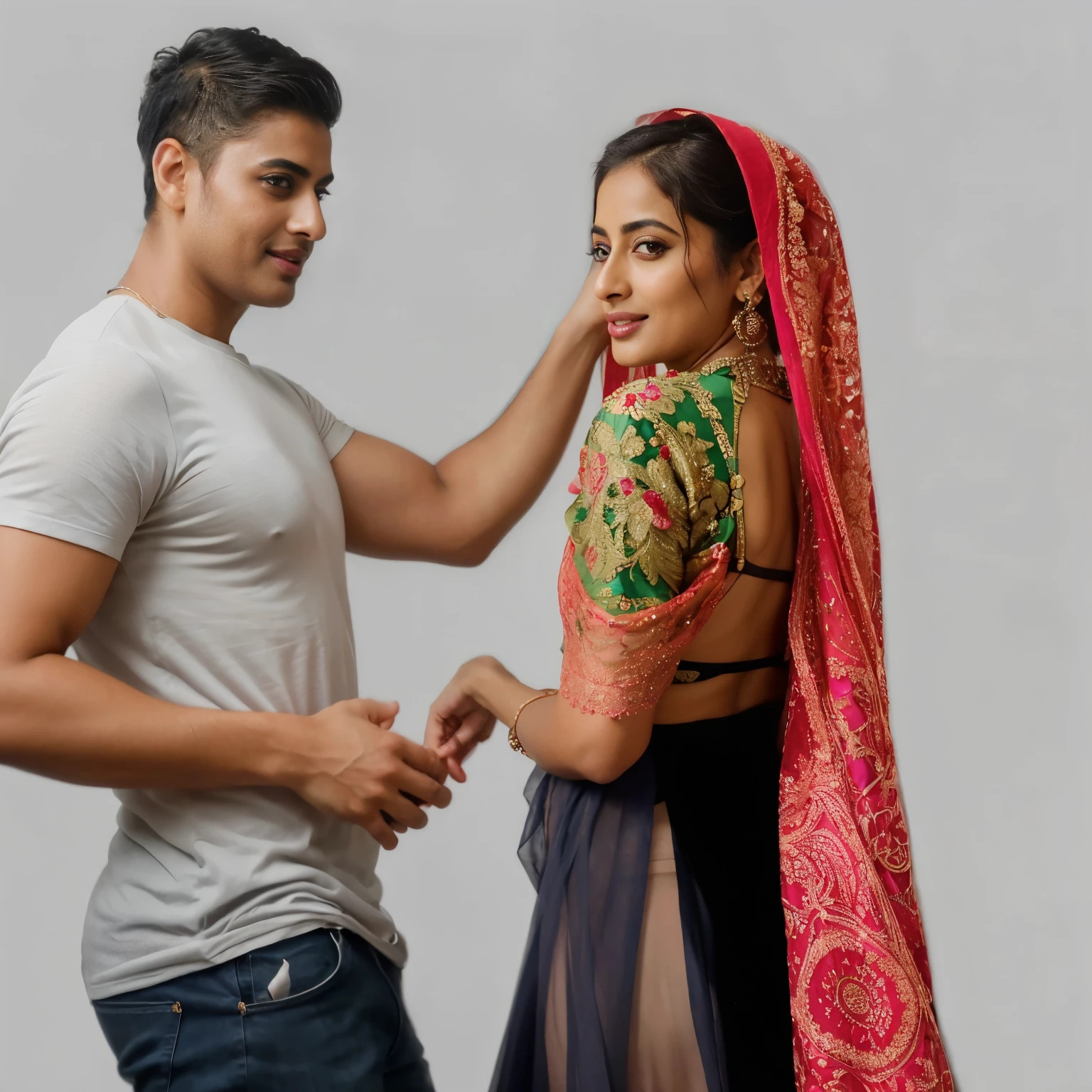 extreme close up photo of sexy mahie gill showing breasts to viewer from top view, swooping breasts, deep cleavage, look at viewer and subtle smile, seductive eyes, sultry, blue lace salwar, ponytail, 38 yo, HD, 4k, ultra high quality, (cinematic:1.3), intricate details, (ArtStation:1.2)