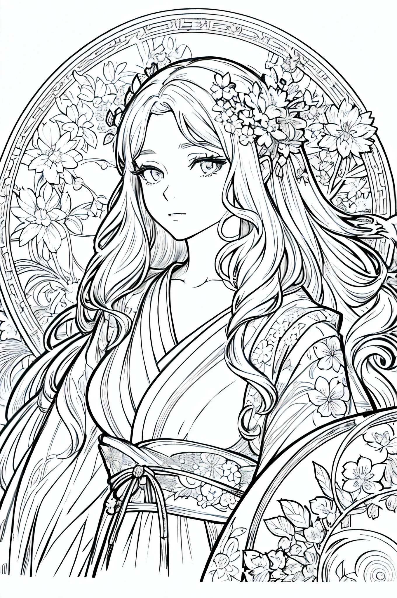 portrait of a European woman、long curly hair、blondes、flower frame、Decorative panel、abstract art by Alphonse Mucha、Sketched it out、Character Line、Scenes without color or shadows。 (masterpiece、top quality、a high resolution:1.4)、details、complex part、4K、line art、Fibonacci、masterpiece, superlative, fox ears, female ,, Close-up bust, Japanese cherry blossoms, Japanese kimono, Drawing a line background, White background, monochrome, Drawing a line, ((sketch))