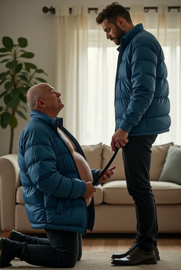 Create a hyper-realistic, RAW, high-resolution image showing two extremely handsome masculine  simple, brightly lit living room. The wonderful and seductive uncle, 42, with short hair and signs of baldness, wears dark pants and an *extremely shiny blue nylon puffer jacket* open that exposes his hairy chest and slightly prominent belly. He is kneeling on the ground, *wearing a collar around his neck*, being pulled by his handsome and domineering nephew, a handsome 28 man with a naturally attractive physique, *dressed in a dress shirt and dress pants*, with a visible posture of dominant next to his wonderful, sensual and submissive uncle. (((The *handsome nephew pulls his uncle's leash with a confident and authoritative expression*, while his uncle, *kneeling*, looks up with a submissive expression))). The room has high natural lighting, with natural and comfortable decoration that enhances the realism of the scene. The image must capture every detail accurately, highlighting the interaction and role contrast between the two men. The *handsome nephew in formal clothes pulls his wonderful uncle's leash with a confident and authoritative expression*, while his uncle, wearing ONLY a pants and an EXTREMELY SHINY BLUE NYLON PUFFER JACKET, *kneeling*, looks up with a submissive expression. High resolution, Super detail, Best quality, Anatomically correct, Accurate.