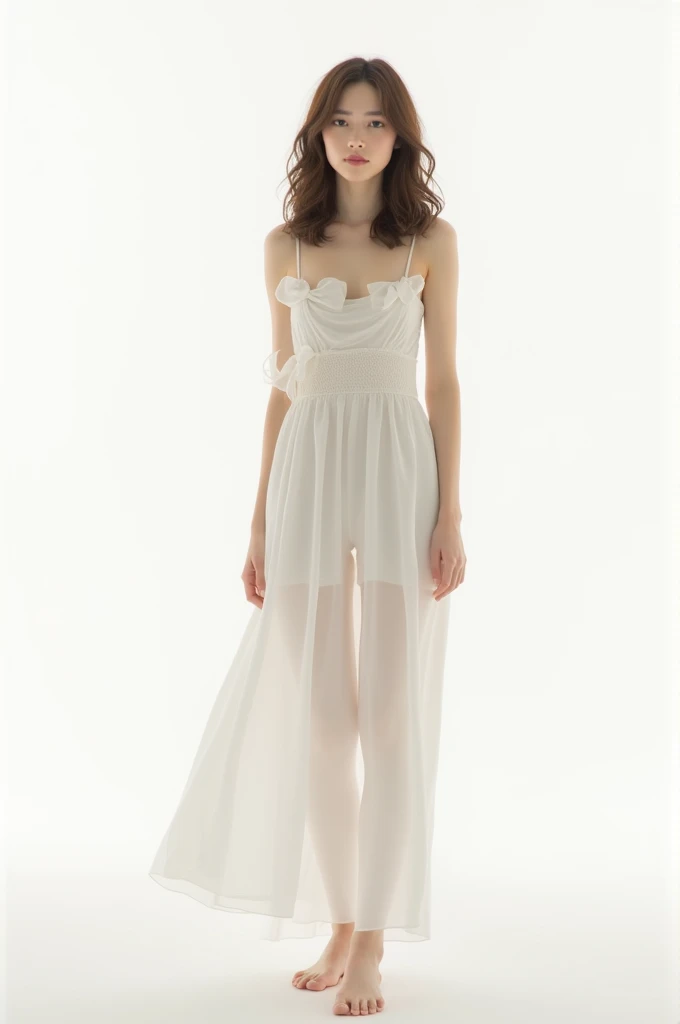 Create an image of a person standing against a plain white background, wearing a white dress adorned with small bow designs. The person has shoulder-length brown hair and is posing with one hand on their waist and the other hand relaxed.
