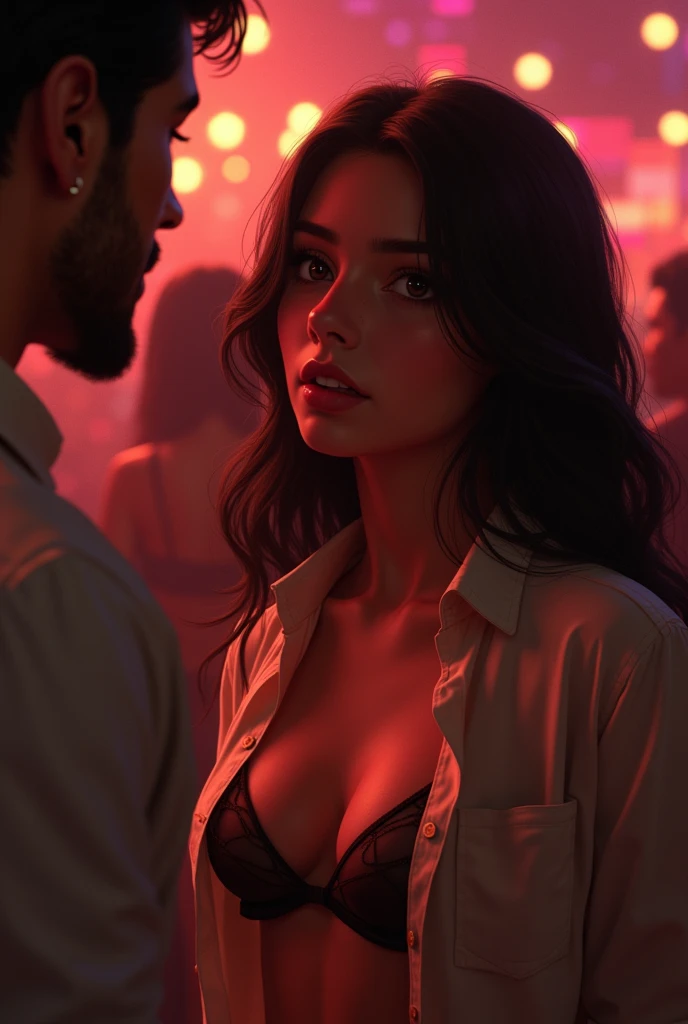 Teenager, Girl , southern, latina, open blouse , Without bra, String, long brunette hair, brown eyes, young face , realisti, in a club, Flirting with 2 men