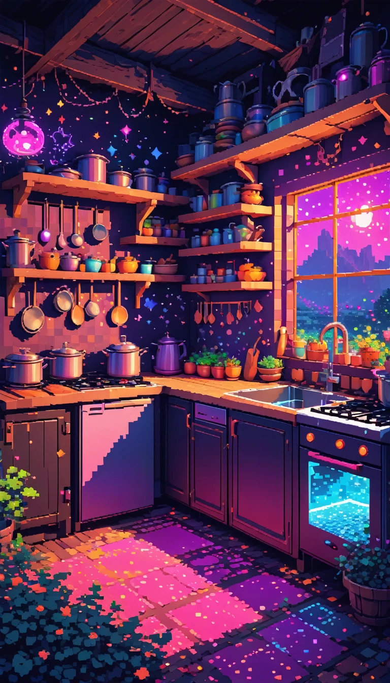 dark neon Magical Witch pixel ,landscape, No people ,Witch's Kitchen
