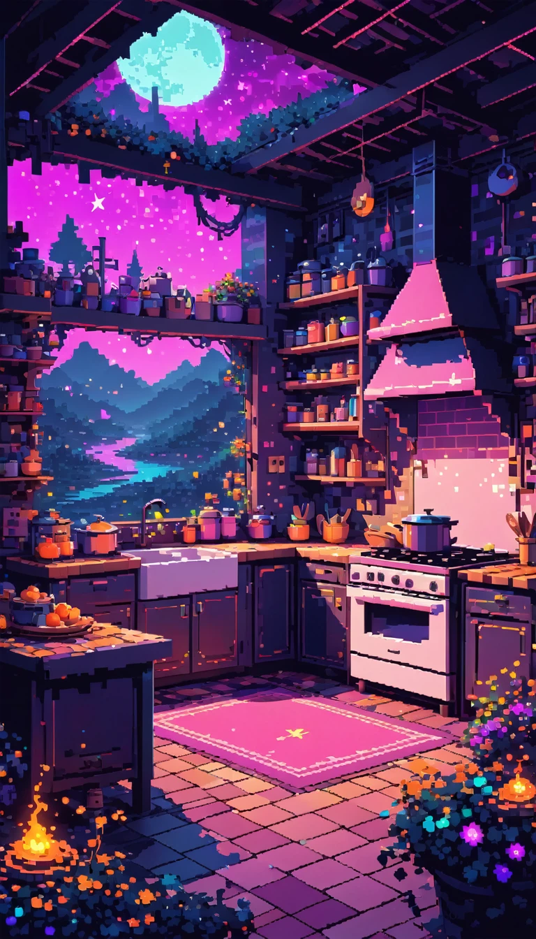 dark neon Magical Witch pixel ,landscape, No people ,Witch's Kitchen
