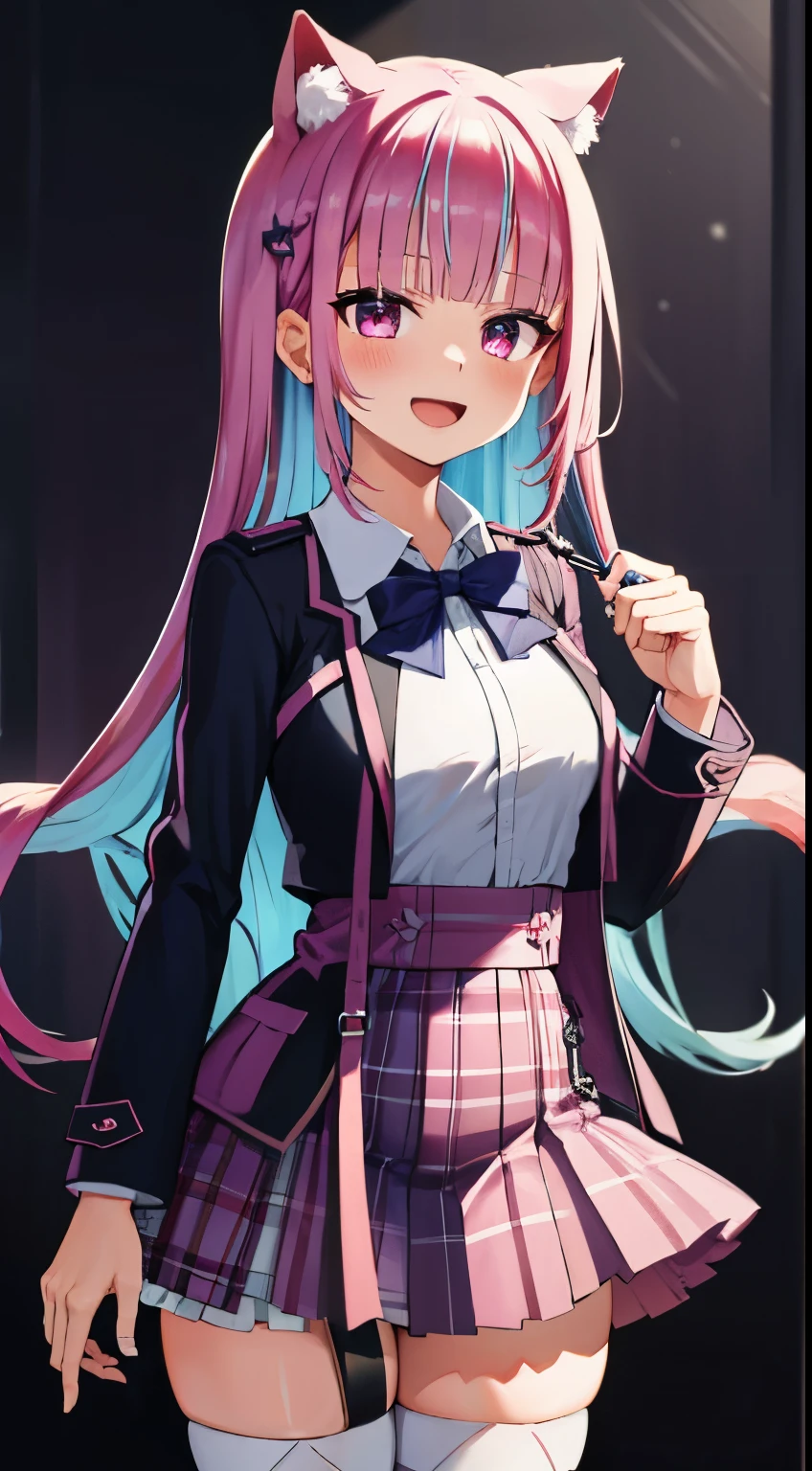 Aqua 7, 1girl in, Solo, Skirt, Animal ear legwear, thighs thighs thighs thighs, Shirt, breasts, Jacket, White shirt, Collared shirt, Open jacket, white thighhig, Smile, で, Looking at Viewer, Black jacket, bowtie, Open mouth, Long sleeves, Thigh strap, White background, shirt tucked in, Star \(symbol\), Open your clothes, blush, pink bows, ;D, plaid skirts, medium breasts, zettai ryouiki, Cowboy Shot, Plaid bow tie, pink bowtie, Simple background, high waist skirt, heart mark, O-ring, Heart O-Ring, Standing, 牙