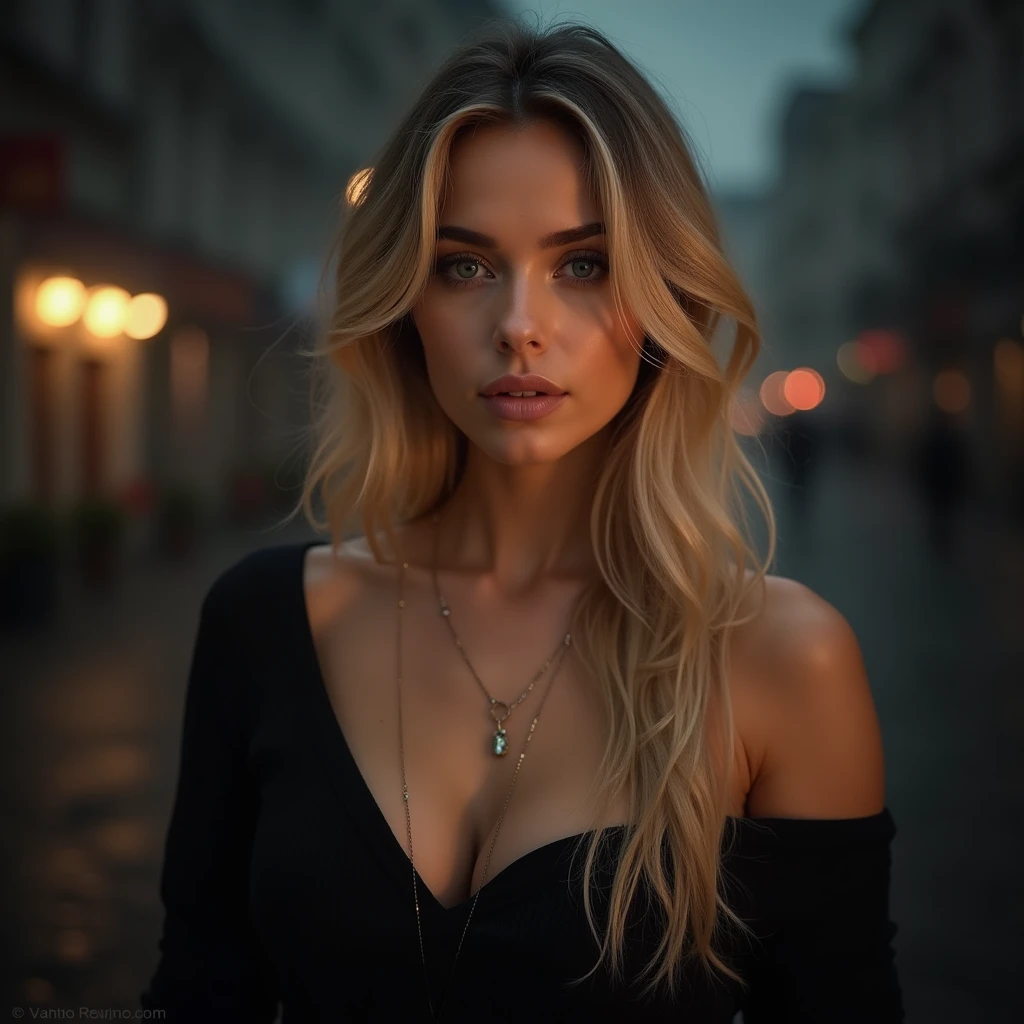 masterpiece:1.2, ultra-detailed, realistic, portrait, A beautiful porn actress model young woman in her 30s, direct angle, slutty dress, piece of art, Best quality, (very detailed raw photo :1. 2), 8k arnald, model shooting, Midway, Supermodel, Model poses, loose hair, beautiful eyes, close-up photo, a high resolution, piece of art, (beautiful detailed eyes), (beautifully detailed face), Perfectly shaped body, (Ultra detailed),  standing and looking directly into the camera, evening time, cozy style, sexy short dress, huge breasts, very hot woman, beautiful face, sexy gaze, smoky eyes, seductive gaze, high-resolution picture, Long hair, Colossal tits, Looking at Viewer,  jewelry, a necklace, Sweaters, Realistic, playful look and playful smile, playful gaze, dark and foggy background, blond hair


