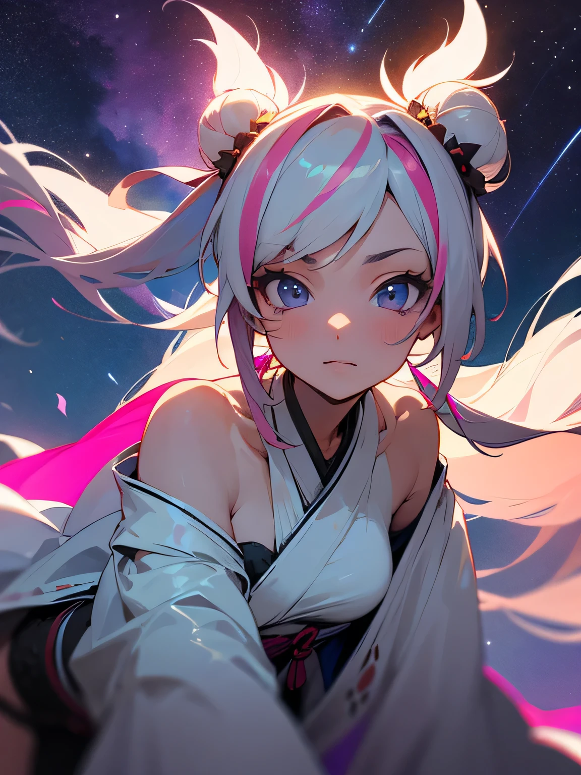 from below:1.2,solo,close up face,upperbody,sexy gal,pink multicolor streaked two side buntwintail,White ancient robe, looking at viewer,(leaning forward:1.3), looking for something, fantastic scenery,starry sky,