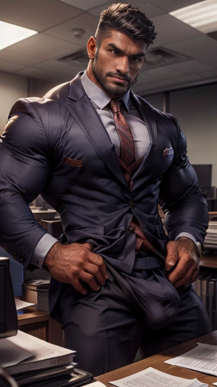 Office suit man doing work in office and showing hairy chest close up focus on wetty bulge indian perfect wetty big hairy monster erected bulge in pant, masterpiece, seductive