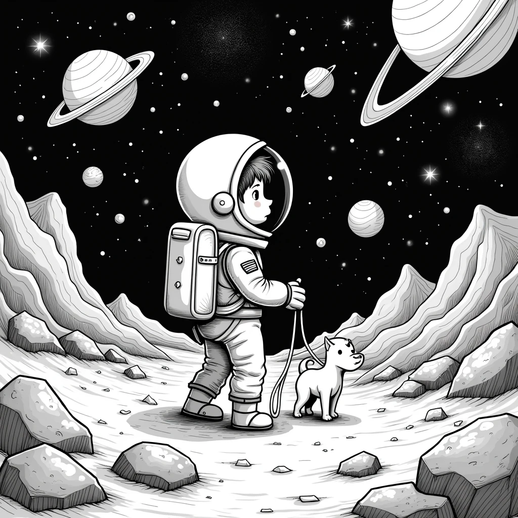 Wallapaper on doodle of a space boy searching for his dog in the universe while encountering multiple planets and treasures. The art should be of high resolution and color palate of black and white