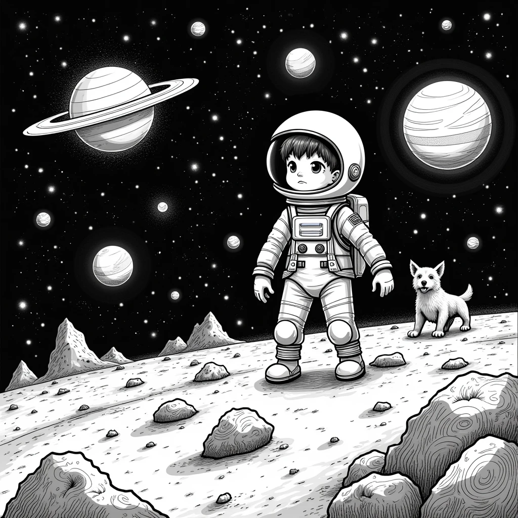 Wallapaper on doodle of a space boy searching for his dog in the universe while encountering multiple   planets and treasures. The art should be of high resolution and color palate of black and white