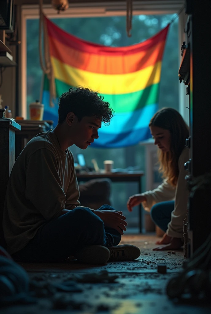 ( highest quality ) generate image of basement dweller having rainbow flag in background approached by his mother while crying, change the angle and replace the boy with young adult