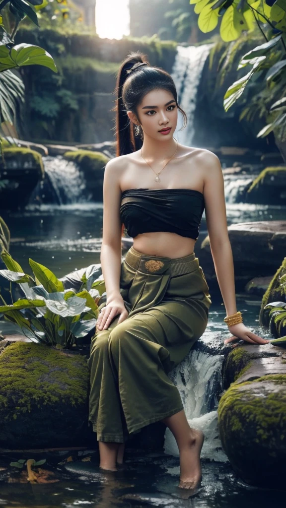 Masterpiece, Highest quality, HDR, high contrast,    ((beautiful girl, Thai female soldier)),   long ponytail,  Highly detailed lips,     Detailed eyes,     Double eyelids,    Makeup.

((Thai Fluke Set, Strapless shirt)),

Long legs_full body.     sit down.    At the edge of the waterfall