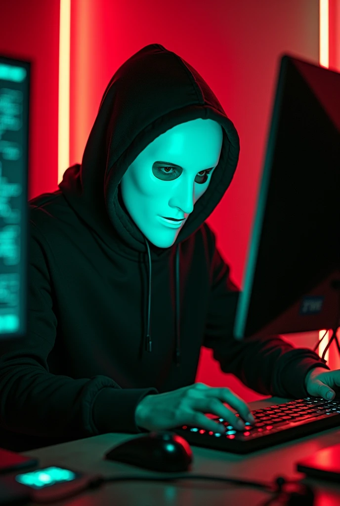 Hacker with their computer doing hacking with red and green colour and mask. White mask