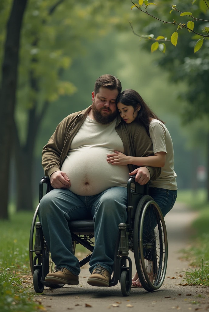 A attractive young man with an enormous big belly is trying to stand up from his wheelchair. But he can’t. A women is sitting on his lap.They both look sad. They are in the park. The young man’s belly goes over the wheelchair.