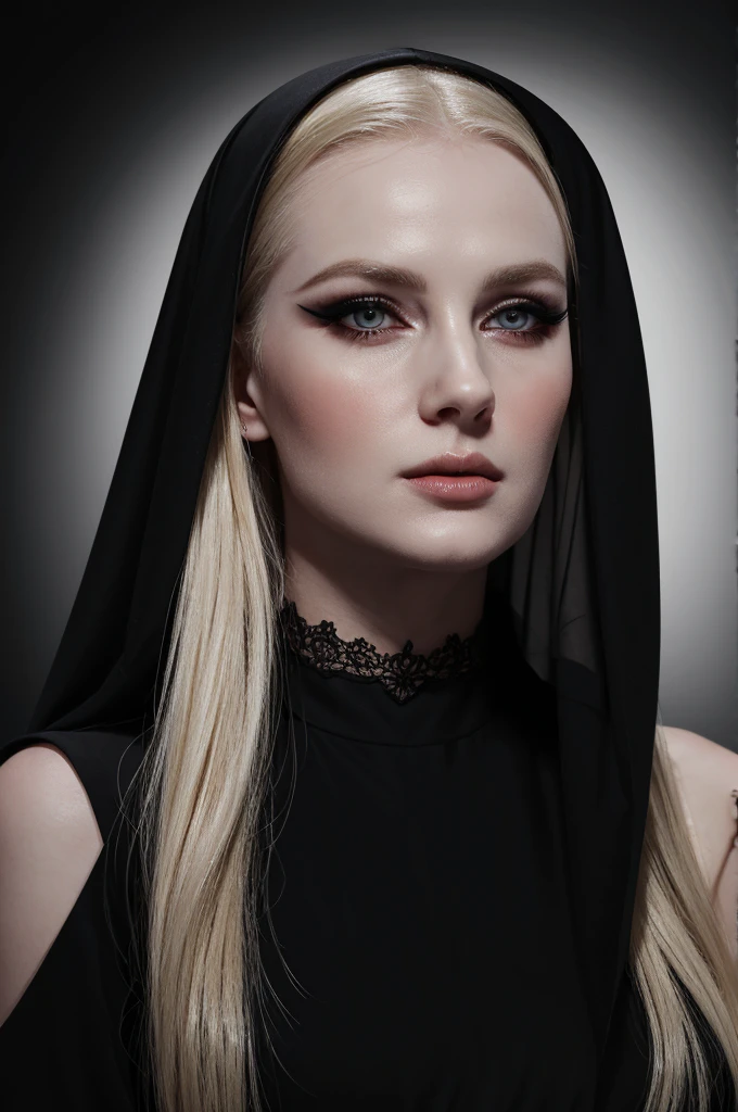 woman pretty, blonde, slicked back ,black nun veil, blonde hair , big breast,, pale skin , wearing italian dress, eyeliner ,foxy eyeliner , makeup ,pale woman painting, beautiful light deep focus, elegant, digital painting, smooth, dramatic lighting , 8k, art , black background,black background, black wallpaper