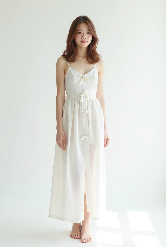 Create an image of a person standing against a plain white background, wearing a white dress adorned with small bow designs. The person has shoulder-length brown hair and is posing with one hand on their waist and the other hand relaxed.