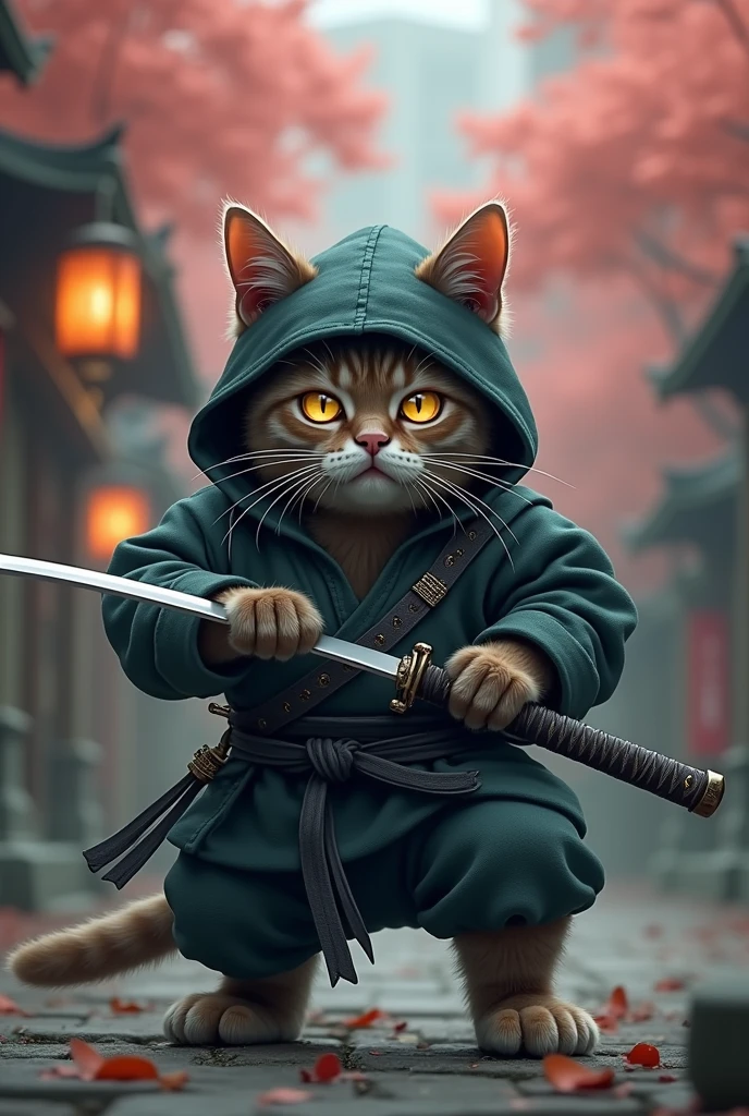 Dressed as a ninja, with a sword and a hood, Samurai cat, anthropomorphic ninja cat, Ninja Cat, Killer cat, Warrior Cat, urban Samurai, Samurai jedi, Samurai, anime cat, Highly detailed 4K digital art, cute detailed digital art, cool anime 8k, Samurai style, Detailed 4k digital art, charming digital painting