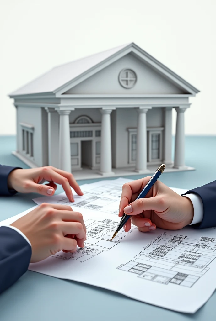 can you generate me a picture with a word WRITTEN "BANK STRUCTURAL PLANNING "  with a hands of  a person and a building 