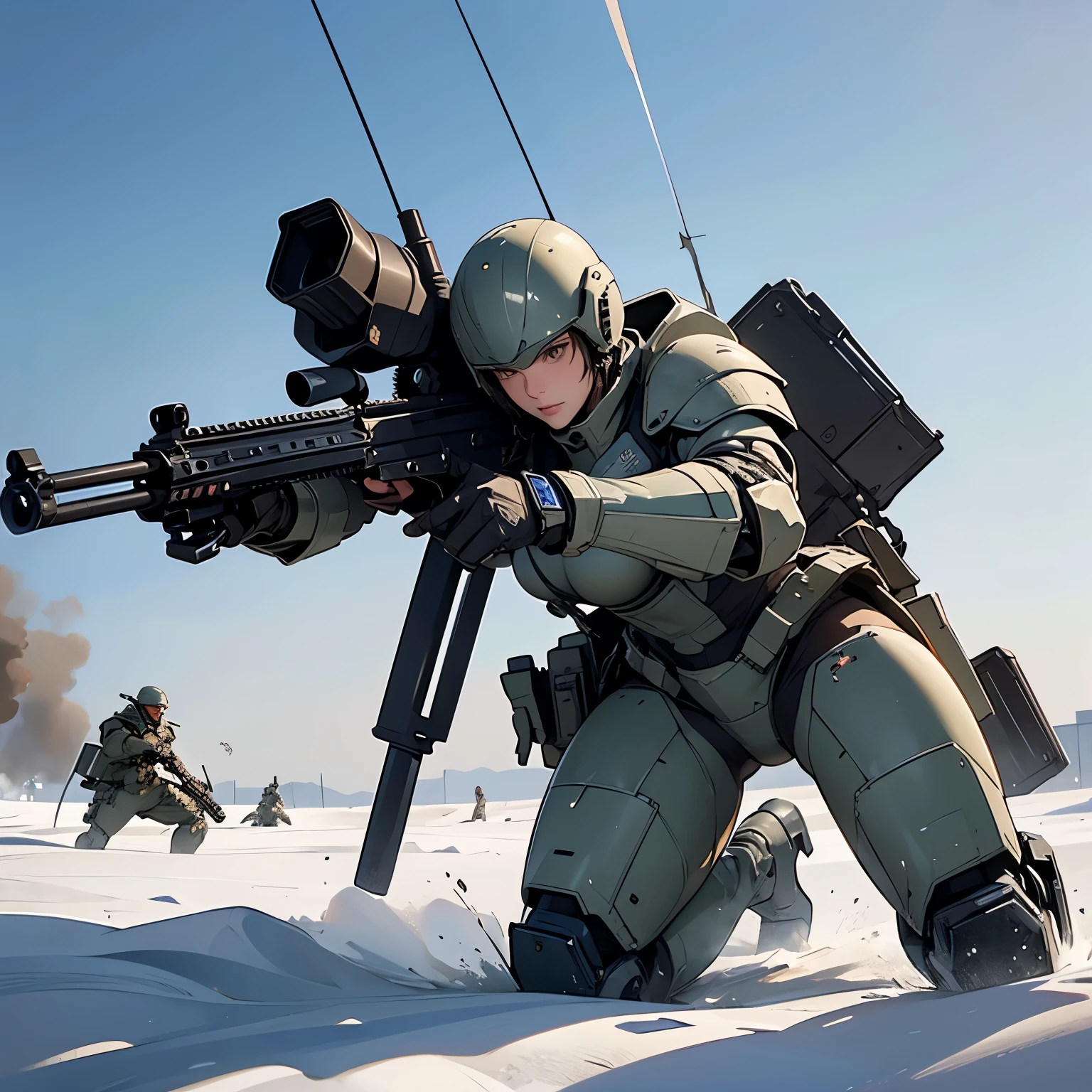 nsfw, anime screencap, 16K, perfect anatomy proportion body, perfect hands, action, A dynamic composition with a sense of speed and movement, (Hold an assault rifle:1.6), a wife, 40age, perfect beautiful delicate sexy face, perfect beautiful delicate eyes, brown hair, short bob hair, gigantic tits, abs, Camouflage-colored heavy armored steam engine full armor powered suit, Many heavily armored robot soldiers are engaged in a firefight in the background., Flying bullets, Snowy Battlefield, war, Post-apocalyptic,