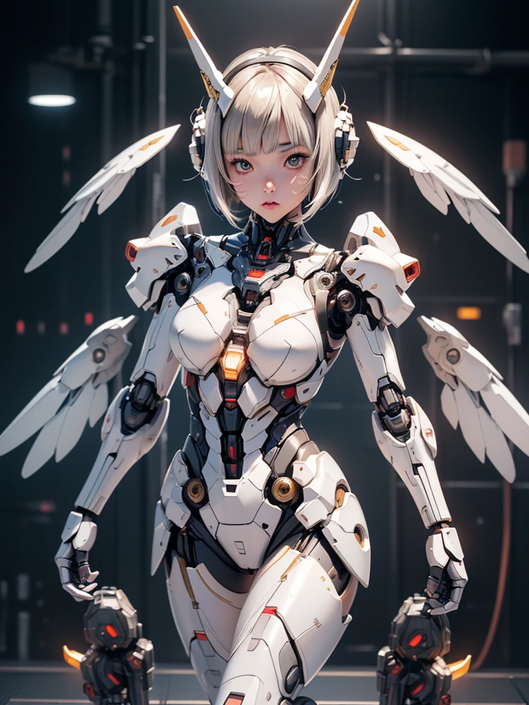((masterpiece, hyper quality, highly detailed)), photo realistic, realistic, (ultra high definition: 1.2), High resolution 16k, (Skin texture must be natural:1.5), (Light skin: 1.3), white skin:1.4, (Perfect Anatomy),,japanese high school girl wears only a futuristic Gundam Mecha,(Gundam Mecha), gundam style,with headgear,with gundam style v-fin on the forehead, (mechanical wings),, biomechanics , biomechanics thighs,mechanical shins and feet,visible cleavage,visible groin, android heroine, fully robotized!! girl, perfect android girl, small details. , (cute:1.2), (bob cut:1.3), Black Hair, Thick eyebrows, Light brown iris, Big, bright black eyes, Long eyelashes, Small, light-colored, natural lips, ((Average face of Japanese idols)), (The uniquely Japanese childlike face:1.3), (baby face:1.1), Wide forehead:1.2, Plump Cheeks, Small jaw, Detailed thighs,Slim body, in the hangar,looking at viewer,Focus on the eyes