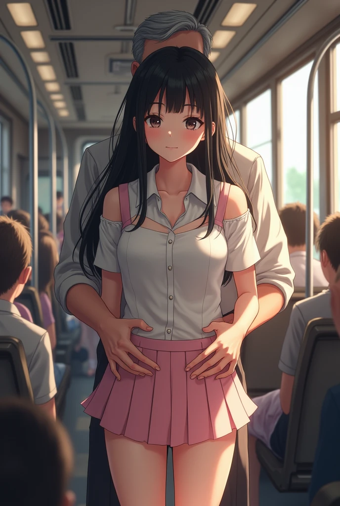 (SFW), ((photorealistic)), (masterpiece), (best quality:1.3), absurdness, [:intricate details1.3], SFW, realistic, masterpiece, (((VERY crowded subway train interior detailed scenario, VERY crowded subway train interior detailed background))), standing insanely hot (young 1) using sexy ((skirt)), ((behind skirt lifted)), ((3/4 white stockings)), ((big ass)), ((thick thighs)), ((fear/shocked expression)), (blushed face), (perfect body proportions)), old small man ass groping young small girlom behind, (((old small man pressing his chest on young woman 1 back))) and (((holding her waist behind her)))
