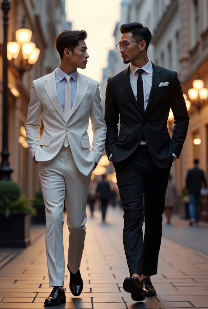 Young Korean man in a white suit and white shirt, and a white tie in white shoes, walks close to his tall male friend, who is dressed in a black suit with a white shirt and a black tie in black shoes, and they walk along the street with lamps in the evening, looking at 