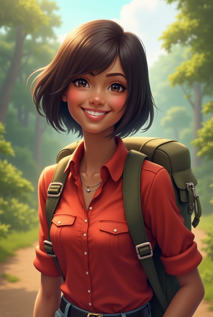 A brown-skinned one, military cut hair, dark brown, with red blouse, smiling and happy with backpack on his back
