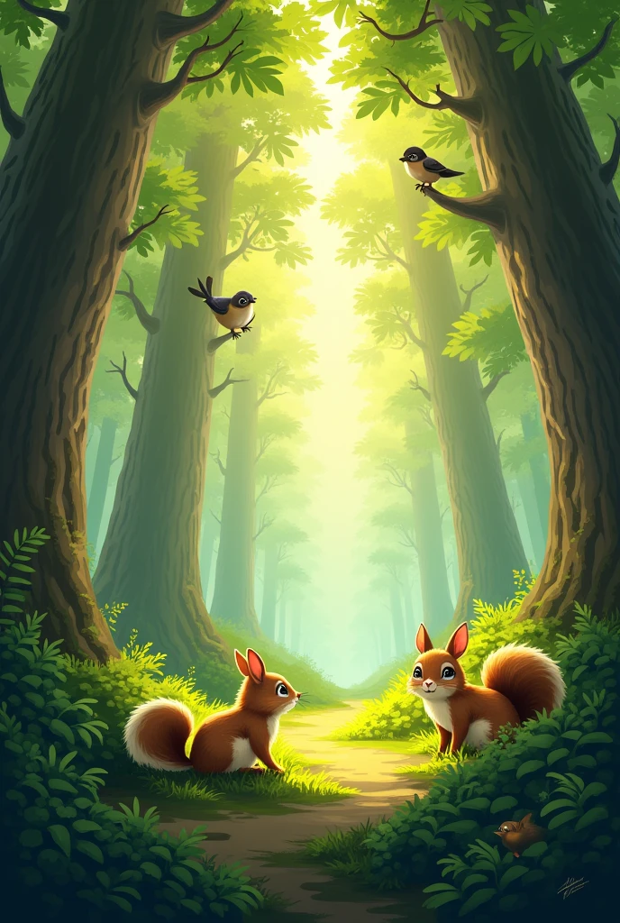 Sunlight filters through the trees, casting a dynamic, dappled light across the scene, while small forest creatures watch from the bushes.