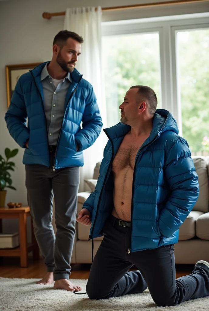 Create a hyper-realistic, RAW, high-resolution image showing two extremely handsome masculine simple, brightly lit living room. The wonderful and seductive uncle, 42, with short hair and signs of baldness, wears dark pants and an *extremely shiny blue nylon puffer jacket* open that exposes his hairy chest and slightly prominent belly. He is kneeling on the ground, *wearing a collar around his neck*, being pulled by his handsome and domineering nephew, a handsome 28 man with a naturally attractive physique, *dressed in a dress shirt and dress pants*, with a visible posture of dominant next to his wonderful, sensual and submissive uncle. (((The *handsome nephew pulls his uncle's leash with a confident and authoritative expression*, while his uncle, *kneeling*, looks up with a submissive expression))). The room has high natural lighting, with natural and comfortable decoration that enhances the realism of the scene. The image must capture every detail accurately, highlighting the interaction and role contrast between the two men. The *handsome nephew in formal clothes pulls his wonderful and seductive uncle's leash with a confident and authoritative expression*, while his uncle, wearing ONLY a pants and an EXTREMELY SHINY BLUE NYLON PUFFER JACKET, *kneeling*, looks up with a submissive expression. High resolution, Super detail, Best quality, Anatomically correct, Accurate.