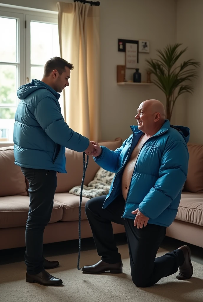 Create a hyper-realistic, males gay man BDSM image, high-resolution image showing two extremely seductive and handsome two males man together in a brightly lit living room. The wonderful and seductive uncle, aged 42, with short hair beginning to show signs of balding, is wearing dark pants and an open, *extremely shiny blue nylon puffer jacket* that exposes his slightly hairy chest and slightly prominent belly. He is kneeling on the floor, *wearing a collar around his neck*, being pulled by his gorgeous dominnering nephew, a 26 yo man with a naturally attractive physique, dressed in a formal shirt and casual pants, stands next to his wonderful submissive uncle. (((The *nephew pulls the collar with a confident and authoritative expression*, while the uncle, *kneeling*, looks up with a submissive expression))). The living room is natural high iluminate, with normal, comfortable decor that enhances the realism of the scene. The image should capture every detail with precision, emphasizing the interaction and contrast of roles between the two men with natural high ilumination highliging the realistic gay males man BDSM image. High resolution, Super detail, Best quality, Anatomically correct, Accurate.