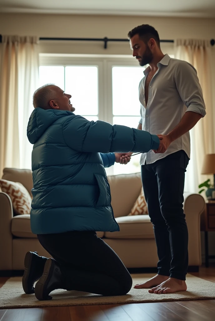 Create a hyper-realistic, RAW, high-resolution image showing two extremely handsome masculine simple, brightly lit living room. The wonderful and seductive uncle, 42, with short hair and signs of baldness, wears dark pants and an *extremely shiny blue nylon puffer jacket* open that exposes his hairy chest and slightly prominent belly. He is kneeling on the ground, *wearing a collar around his neck*, being pulled by his handsome and domineering nephew, a handsome 28 man with a naturally attractive physique, *dressed in a dress shirt and dress pants*, with a visible posture of dominant next to his wonderful, sensual and submissive uncle. (((The *handsome nephew pulls his uncle's leash with a confident and authoritative expression*, while his uncle, *kneeling*, looks up with a submissive expression))). The room has high natural lighting, with natural and comfortable decoration that enhances the realism of the scene. The image must capture every detail accurately, highlighting the interaction and role contrast between the two men. The *handsome nephew in formal clothes pulls his wonderful and seductive uncle's leash with a confident and authoritative expression*, while his uncle, wearing ONLY a pants and an EXTREMELY SHINY BLUE NYLON PUFFER JACKET, *kneeling*, looks up with a submissive expression. High resolution, Super detail, Best quality, Anatomically correct, Accurate.