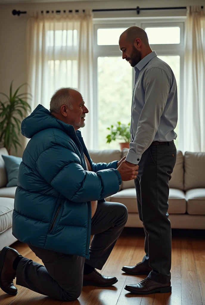 Create a hyper-realistic, RAW, high-resolution image showing two extremely handsome masculine  simple, brightly lit living room. The wonderful and seductive uncle, 42, with short hair and signs of baldness, wears dark pants and an *extremely shiny blue nylon puffer jacket* open that exposes his hairy chest and slightly prominent belly. He is kneeling on the ground, *wearing a collar around his neck*, being pulled by his handsome and domineering nephew, a handsome 28 man with a naturally attractive physique, *dressed in a dress shirt and dress pants*, with a visible posture of dominant next to his wonderful, sensual and submissive uncle. (((The *handsome nephew pulls his uncle's leash with a confident and authoritative expression*, while his uncle, *kneeling*, looks up with a submissive expression))). The room has high natural lighting, with natural and comfortable decoration that enhances the realism of the scene. The image must capture every detail accurately, highlighting the interaction and role contrast between the two men. The *handsome nephew in formal clothes pulls his wonderful and seductive uncle's leash with a confident and authoritative expression*, while his uncle, wearing ONLY a pants and an EXTREMELY SHINY BLUE NYLON PUFFER JACKET, *kneeling*, looks up with a submissive expression. High resolution, Super detail, Best quality, Anatomically correct, Accurate.