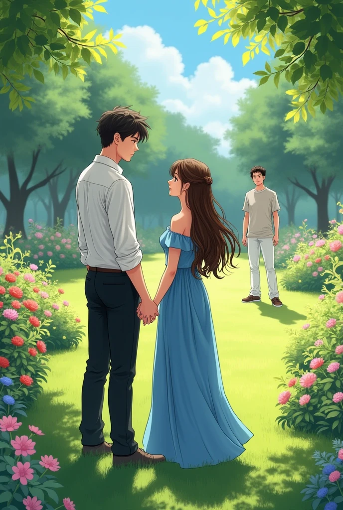 With the manhua drawing of Chinese comics. Draw a picture of a boy (High ráo, Handsome, wear white shirt, tucked in with black trousers) holding girl's hand (wear long blue off shoulder dress, long brown hair). From afar there is another guy ( High, Handsome, wear a long-sleeved T-shirt, white pants) standing looking at them. The scene is a flower garden., There is a lawn.