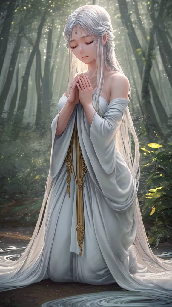 a young beautiful woman with long flowing hair,kneeling in a serene tranquil setting,eyes closed in deep concentration,hands gently clasped together in prayer pose,wearing flowing white gown softly draping over body,peaceful ethereal landscape background,soft glowing light filtering through trees,calm spiritual atmosphere,inner peace devotion,best quality,4k,8k,highres,masterpiece:1.2,ultra-detailed,realistic,photorealistic,photo-realistic:1.37,HDR,UHD,studio lighting,ultra-fine painting,sharp focus,physically-based rendering,extreme detail description,professional,vivid colors,bokeh