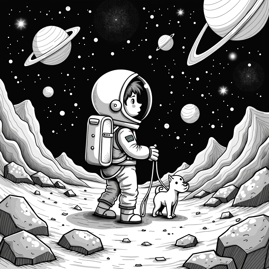 Wallapaper on doodle of a space boy searching for his dog in the universe while encountering multiple planets and treasures. The art should be of high resolution and color palate of black and white