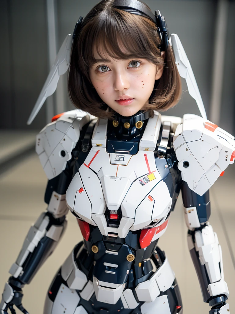 ((masterpiece, hyper quality, highly detailed)), photo realistic, realistic, (ultra high definition: 1.2), High resolution 16k, (Skin texture must be natural:1.5), (Light skin: 1.3), white skin:1.4, (Perfect Anatomy),,japanese high school girl wears only a futuristic Gundam Mecha,(Gundam Mecha), gundam style,with headgear,with gundam style v-fin on the forehead, (mechanical wings),, biomechanics , biomechanics thighs,mechanical shins and feet,visible cleavage,visible groin, android heroine, fully robotized!! girl, perfect android girl, small details. , (cute:1.2), (bob cut:1.3), Black Hair, Thick eyebrows, Light brown iris, Big, bright black eyes, Long eyelashes, Small, light-colored, natural lips, ((Average face of Japanese idols)), (The uniquely Japanese like face:1.3), (baby , Wide forehead:1.2, Plump Cheeks, Small jaw, Detailed thighs,Slim body, in the hangar,looking at viewer,Focus on the eyes 