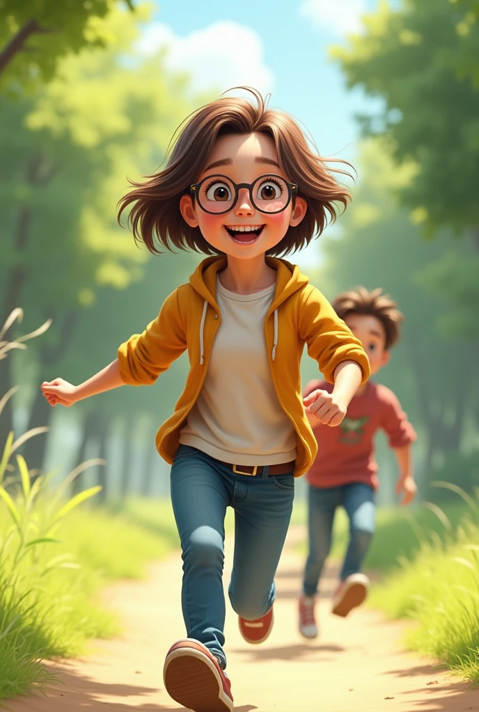 A cheerful young woman with short brown hair and glasses is running around with her brother with the same hair color.
