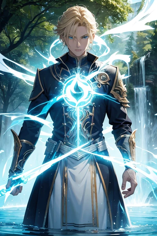 create an image of this character in a park: all, blonde, green eyes, male, Erik was summoned to the world of Alteria as a Hero, there he has mastered water and Ice magic, enabling him to manipulate and sense both in his surroundings, on his quest to return home he has mastered divine magic to the point he can channel the divine energies of different gods to cross back into the world he was summoned from. he can sense the divine and magical energies flowing around him and channel them into divine magic.