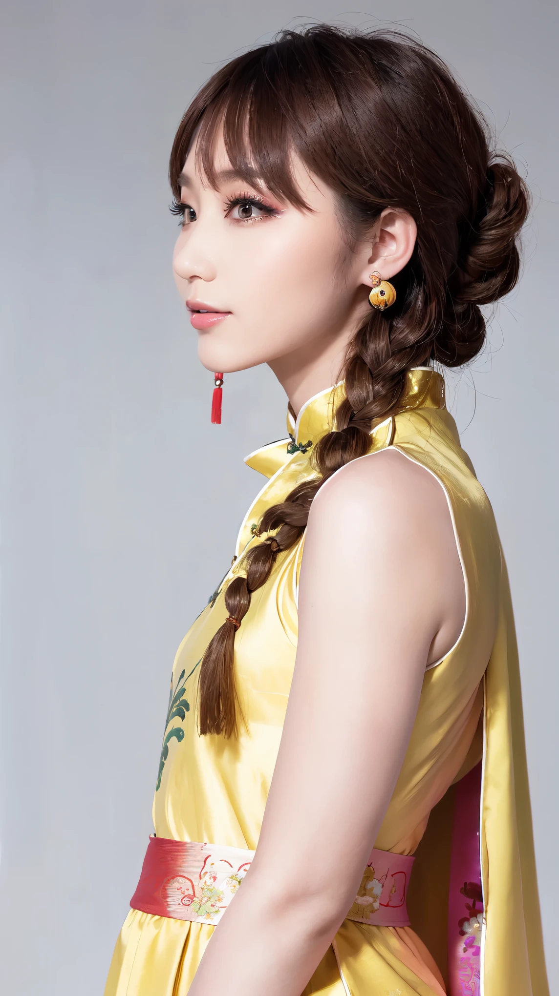 Realistic, masterpiece, Highest quality, Highest Resolution, Anatomically correct, Accurate Anatomy, 7 heads, Height: 165cm, One Japanese woman, profile, Staring at the audience, Smiling with an open mouth, Staring at the audience, Fine and beautiful eyes, Sparkling eyes, Thin eyebrows, Gives lashes a delicate finish, False eyelashes, (Chinese traditional makeup:1.2), (Dumpling+Braided hair, Blunt bangs, Brown Hair:1.2), Detailed face, Sharp Eyes, (Traditional Chinese Dress, Clothes that fit snugly to the body, Random Color:1.3), Upper body photo, Background like ink painting