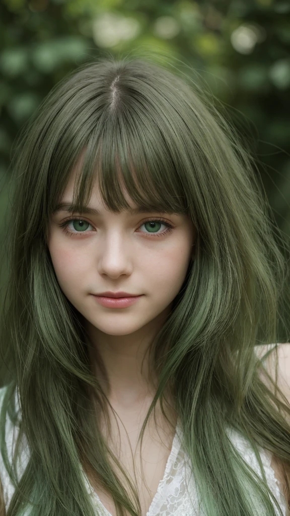 a girl. European. Extremely detailed face. Oval face. Delicate facial features. Half-closed eyes. Long straight hair. Messy hair. Bangs. Green hair. Green eyes. Pensive. Melancholic. Ethereal. Innocent. smile
